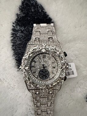 Iced out CZ Chrome Heart Inspired Silver AP Watch